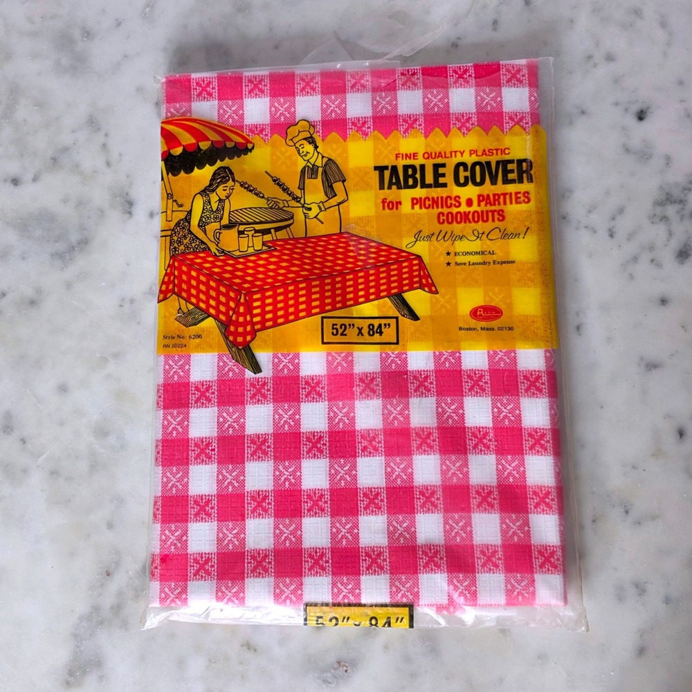 Vintage Red Gingham Plastic Tablecloth Table Cover Picnic Oblong 52 x 84 New